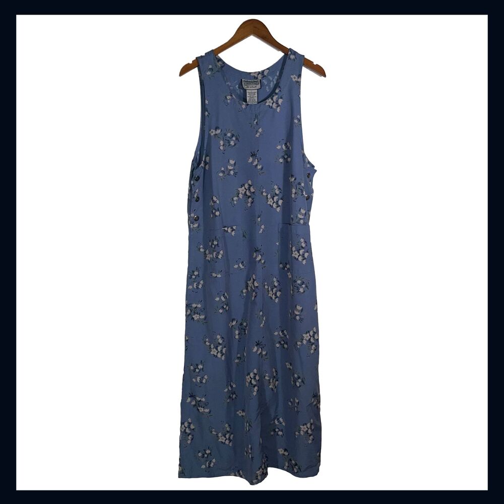 Retro Blue Floral Pinafore Dress Button Side Overall Directives L Cottagecore